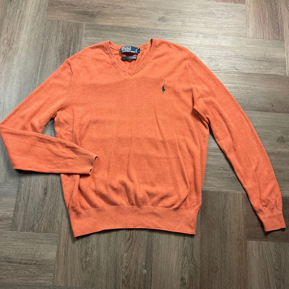 Vintage Polo Ralph Lauren Cashmere Blend V Neck Knit Sweater Mens Large Orange